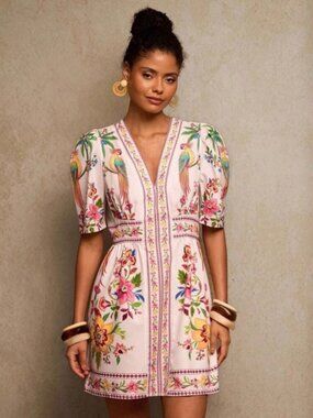 Tropical Parrot Floral V-Neck Puff Sleeve Mini Dress Cream Pink Large